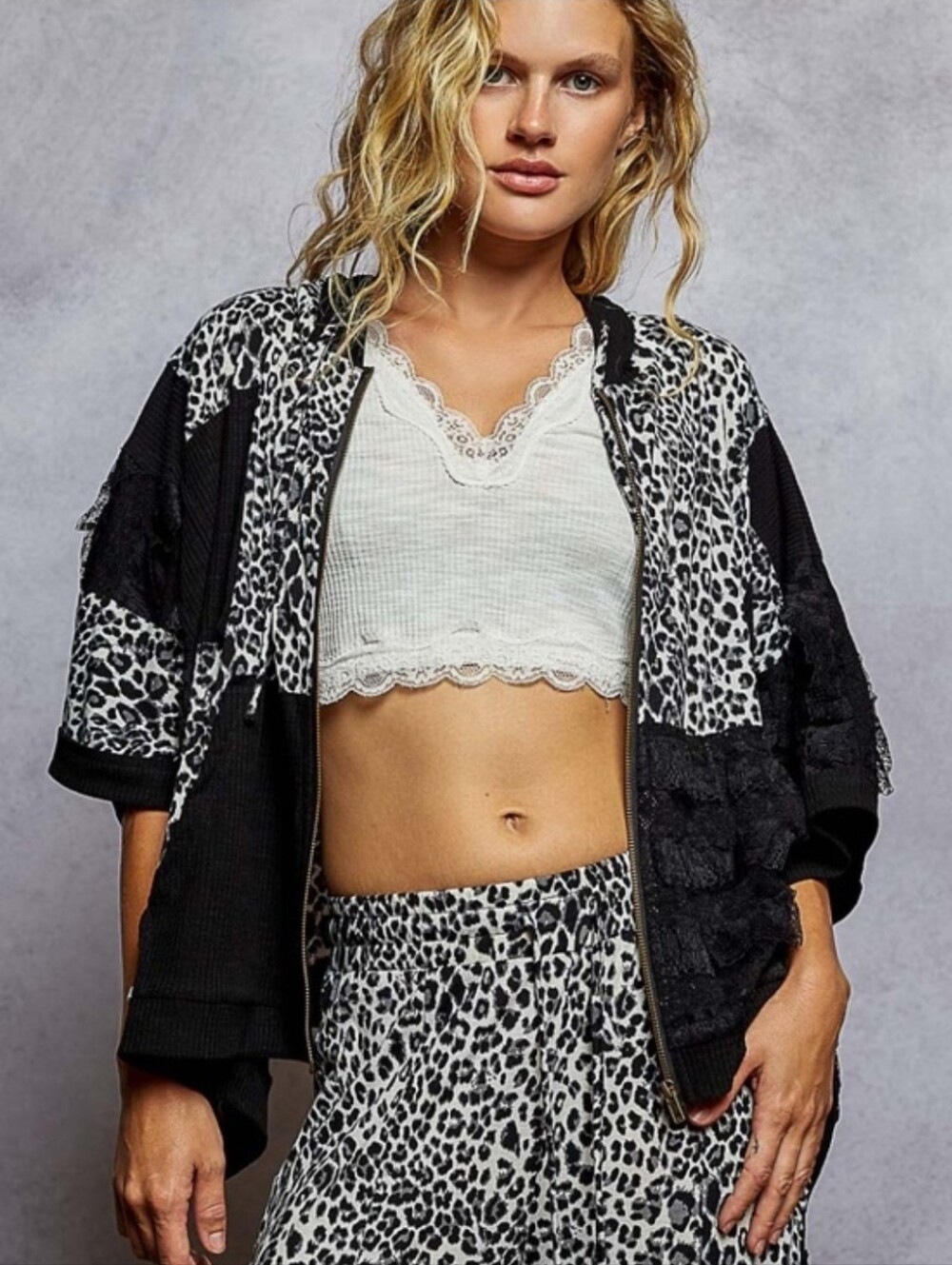 NEW! POL Leopard Print Black & White Patchwork + Lace Jacket, NWT